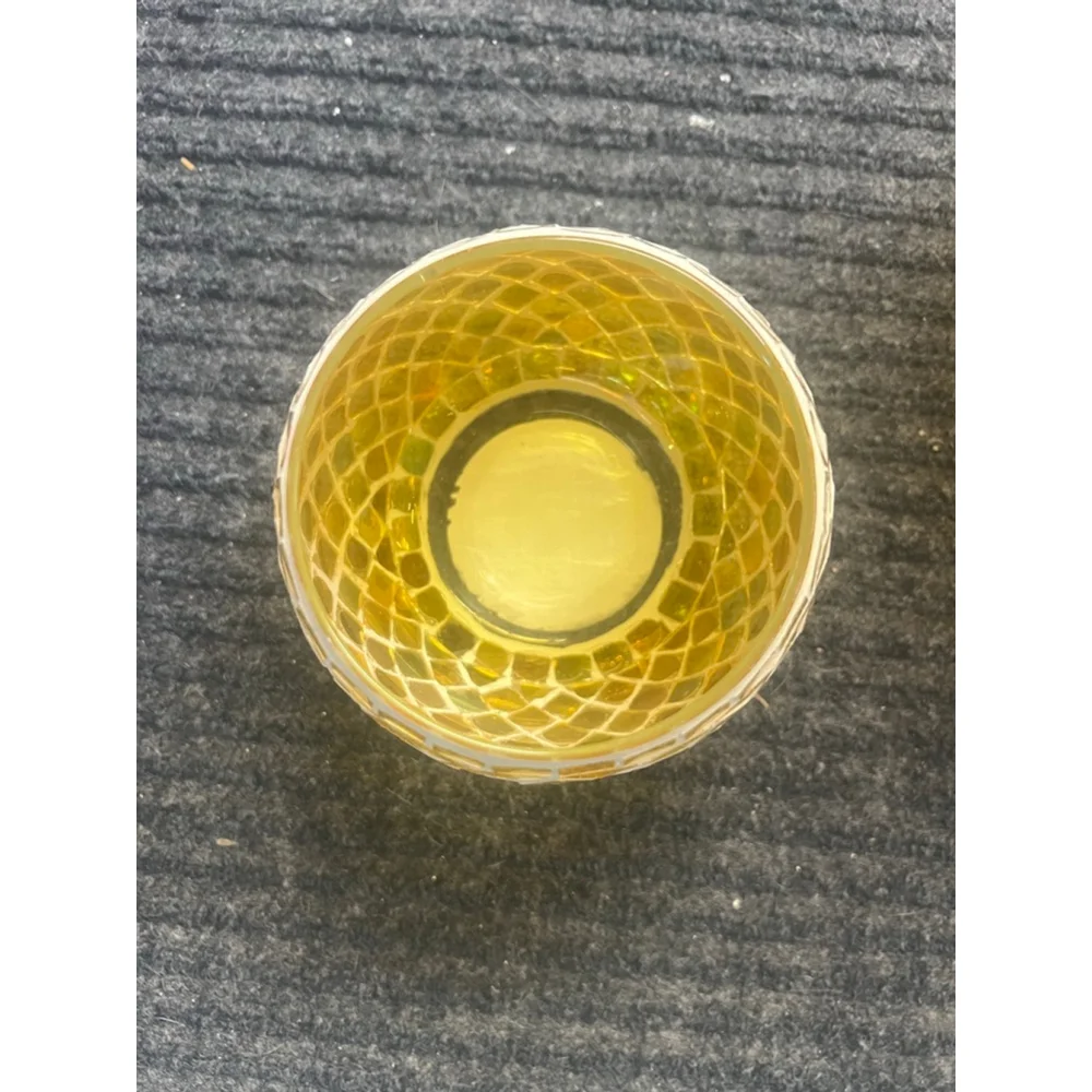 Yellow Mosaic Glass Hurricane Vase and Votive Set EUC Vintage Decor